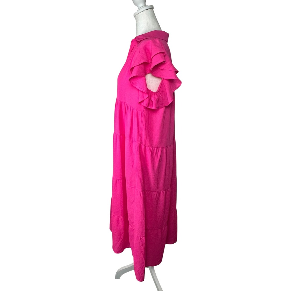 Umgee Hot Pink Tiered Short Ruffle Sleeve Midi Dress Size Small - Picture 5 of 12